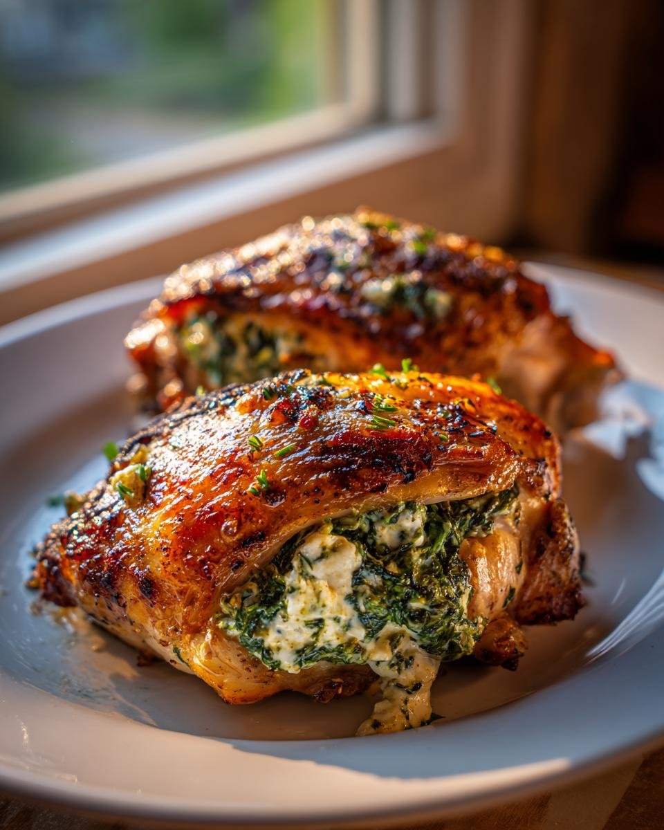 Close-up of two golden-brown Irresistible Stuffed Chicken Thighs filled with creamy spinach and cheese.