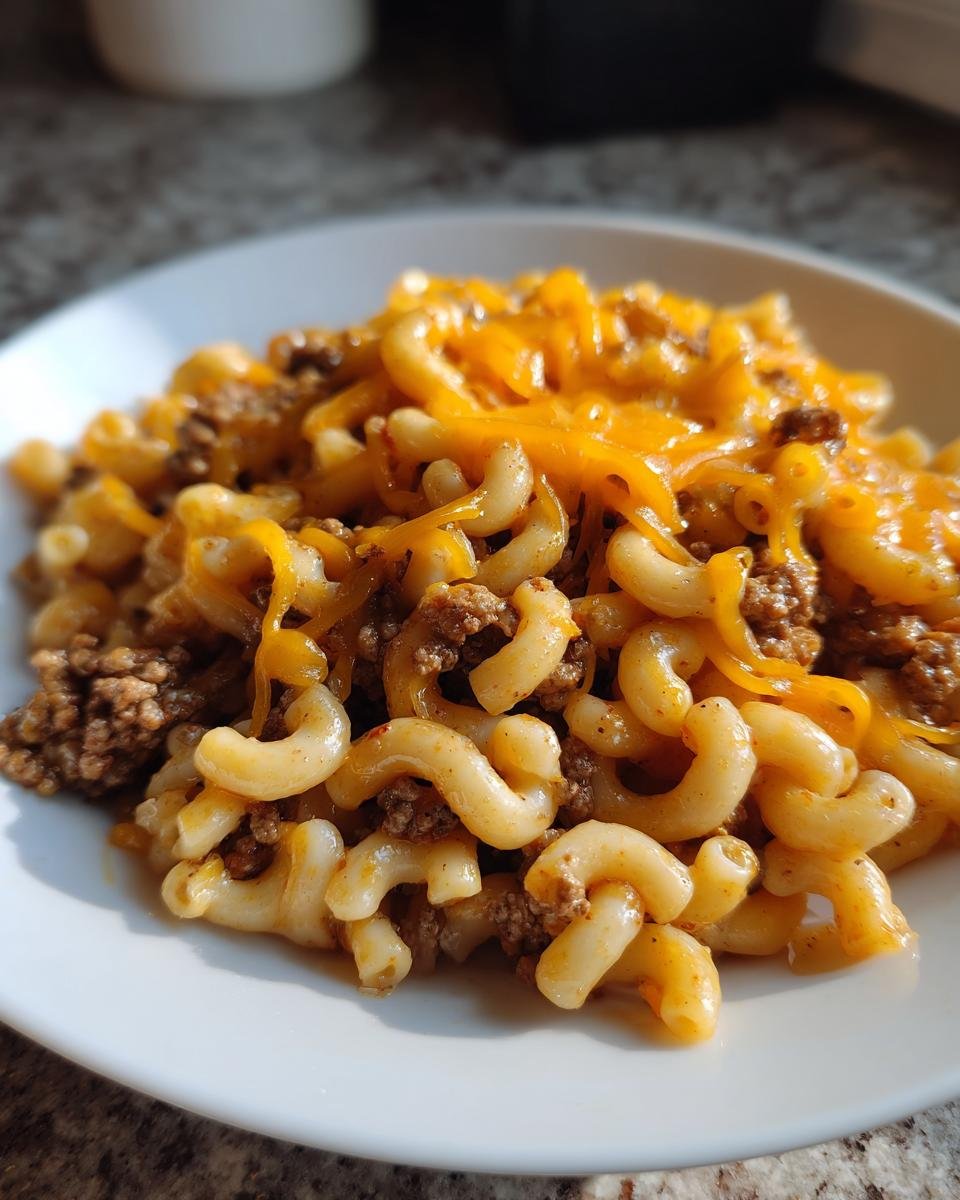 Close-up of Irresistible Taco Pasta featuring elbow macaroni, seasoned ground beef, and melted cheddar cheese on a white plate.