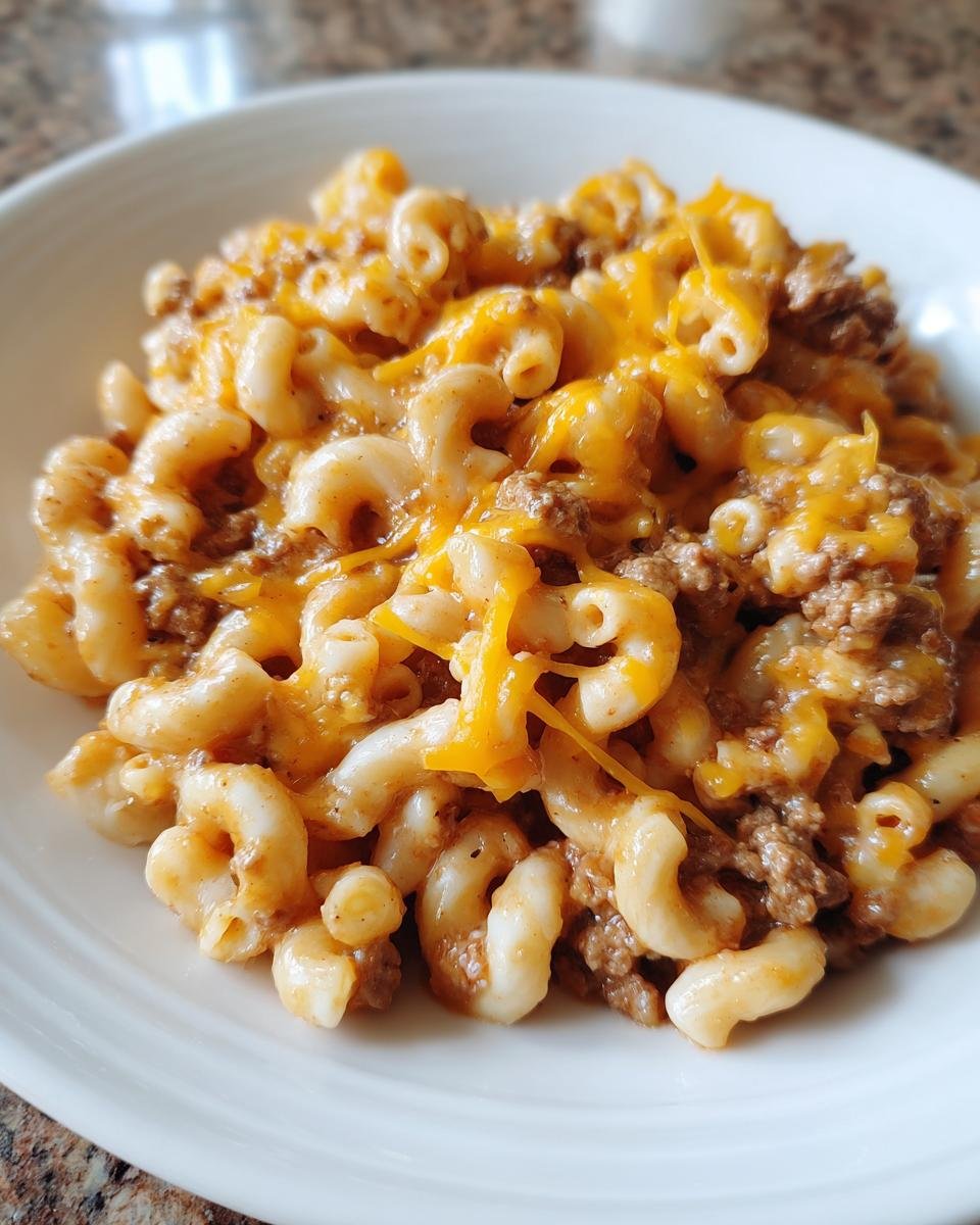 Close-up of a white bowl filled with Irresistible Taco Pasta featuring elbow macaroni, seasoned ground beef, and melted cheddar cheese.