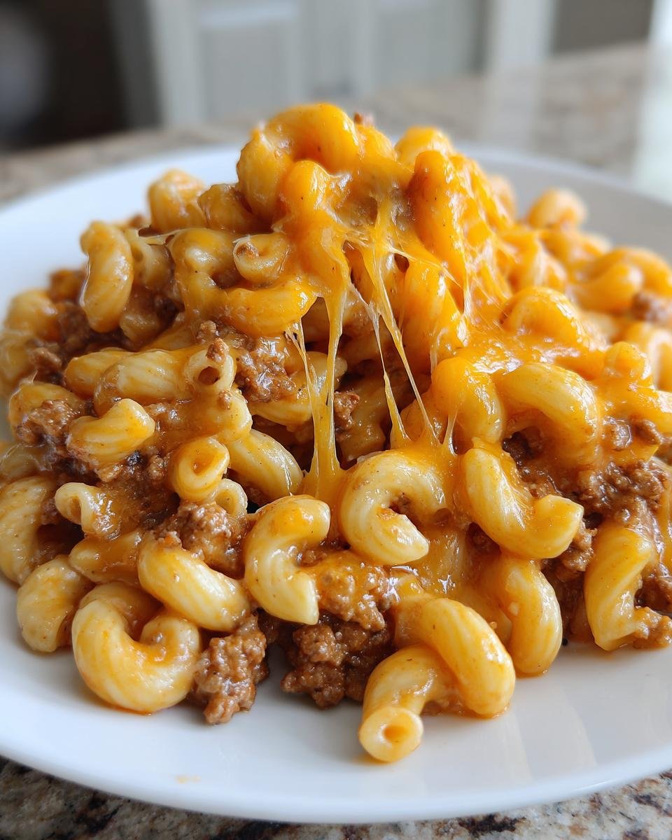 Close-up of Irresistible Taco Pasta featuring elbow macaroni, seasoned ground beef, and melted, stringy cheddar cheese.
