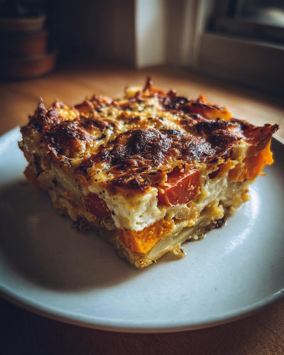 A perfectly baked slice of Irresistible Thanksgiving Veggie Gratin with a golden, bubbly cheese crust.