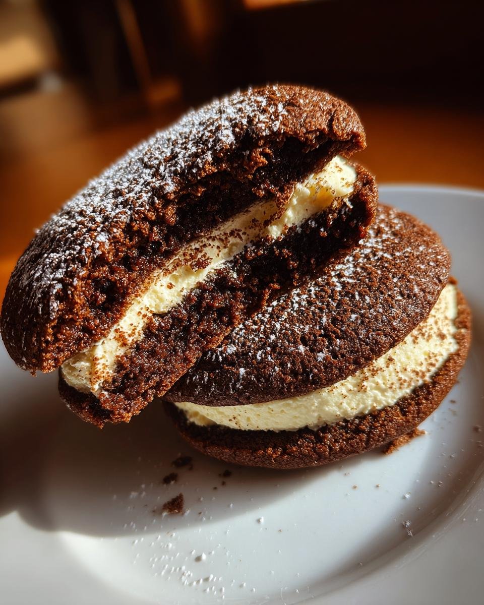 Two Irresistible Tiramisu Cookies, one cut in half showing the creamy filling, dusted with powdered sugar.