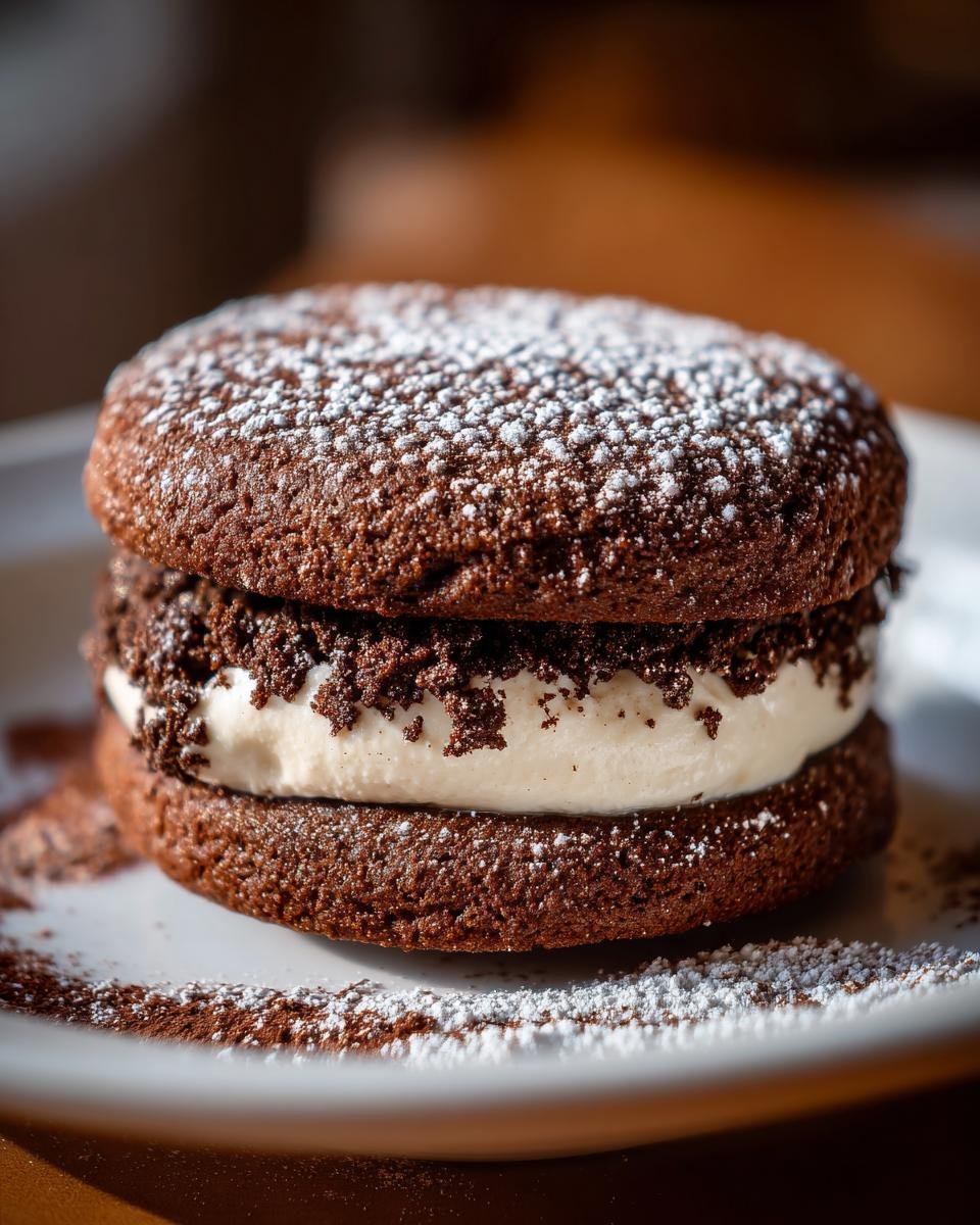 A close-up of one of the Irresistible Tiramisu Cookies, featuring two dark chocolate cookies sandwiching a creamy filling and dusted with powdered sugar.