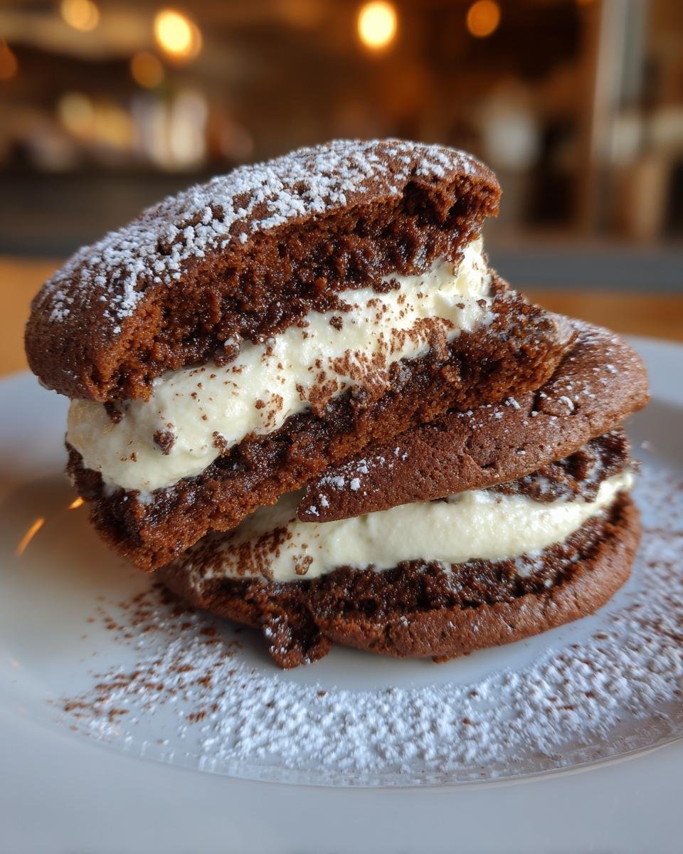 Two halves of an Irresistible Tiramisu Cookie stacked with creamy filling, dusted with powdered sugar and cocoa.