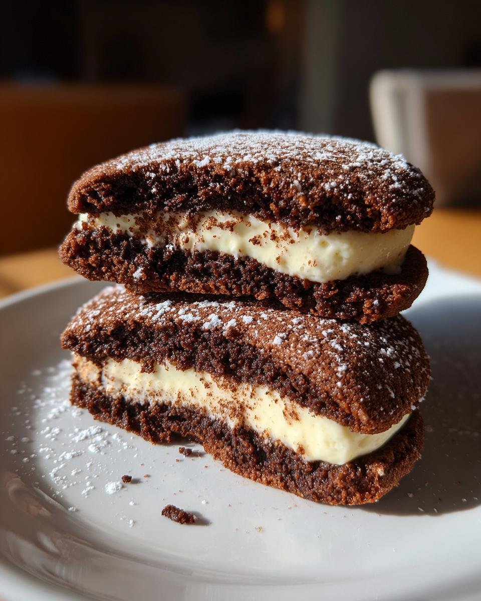 Two stacked, chewy Irresistible Tiramisu Cookies with creamy filling, dusted with powdered sugar.