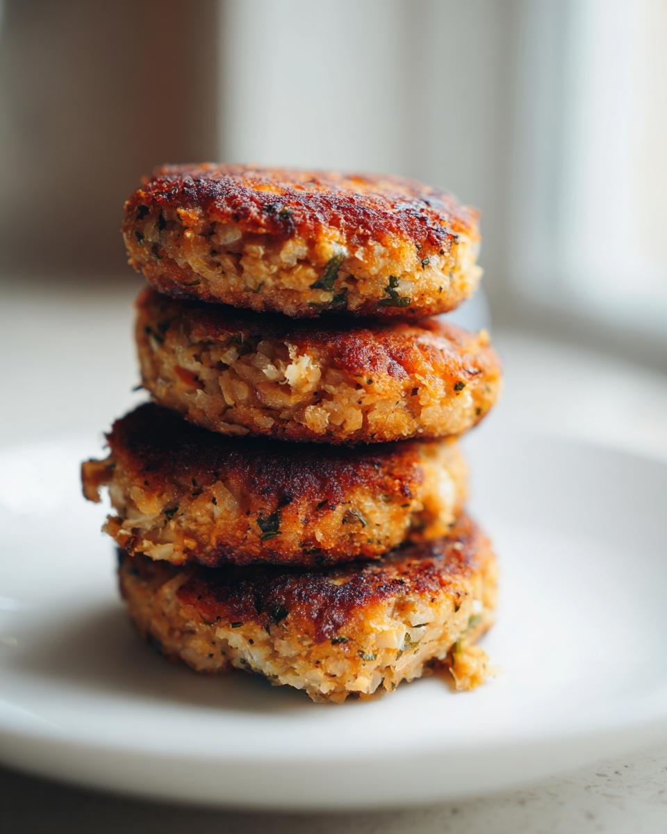 A vertical stack of four golden-brown, perfectly seared Irresistible Tuna Patties resting on a white plate.