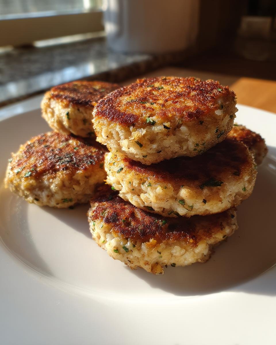 A stack of golden brown, pan-fried Irresistible Tuna Patties seasoned with visible green herbs on a white plate.