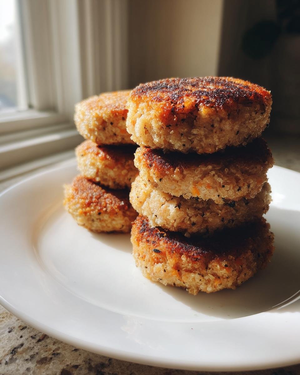 A stack of five golden-brown, pan-fried Irresistible Tuna Patties sitting on a white plate near a window.