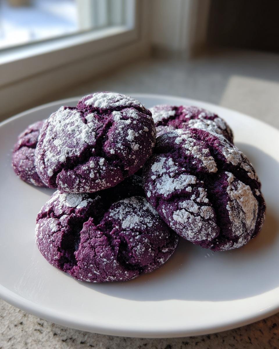 A pile of vibrant purple, powdered sugar-dusted Irresistible Ube Crinkle Cookies resting on a white plate near a window.