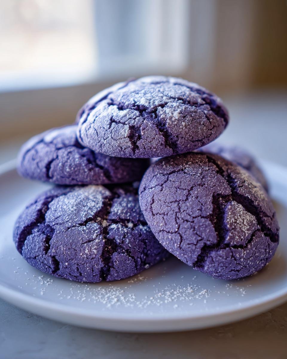 Close-up of a stack of vibrant purple Irresistible Ube Crinkle Cookies dusted with powdered sugar on a white plate.