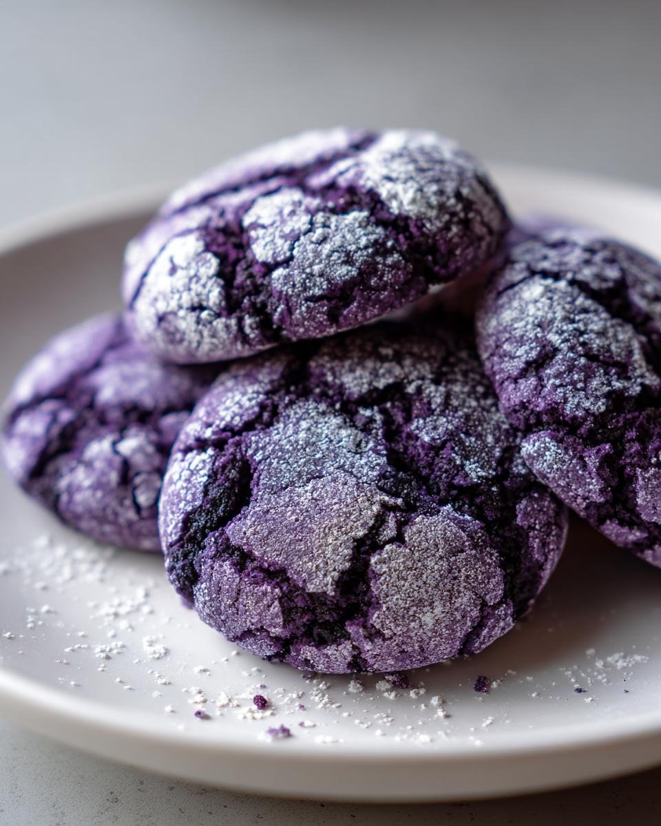A stack of four vibrant purple Irresistible Ube Crinkle Cookies dusted heavily with powdered sugar on a white plate.