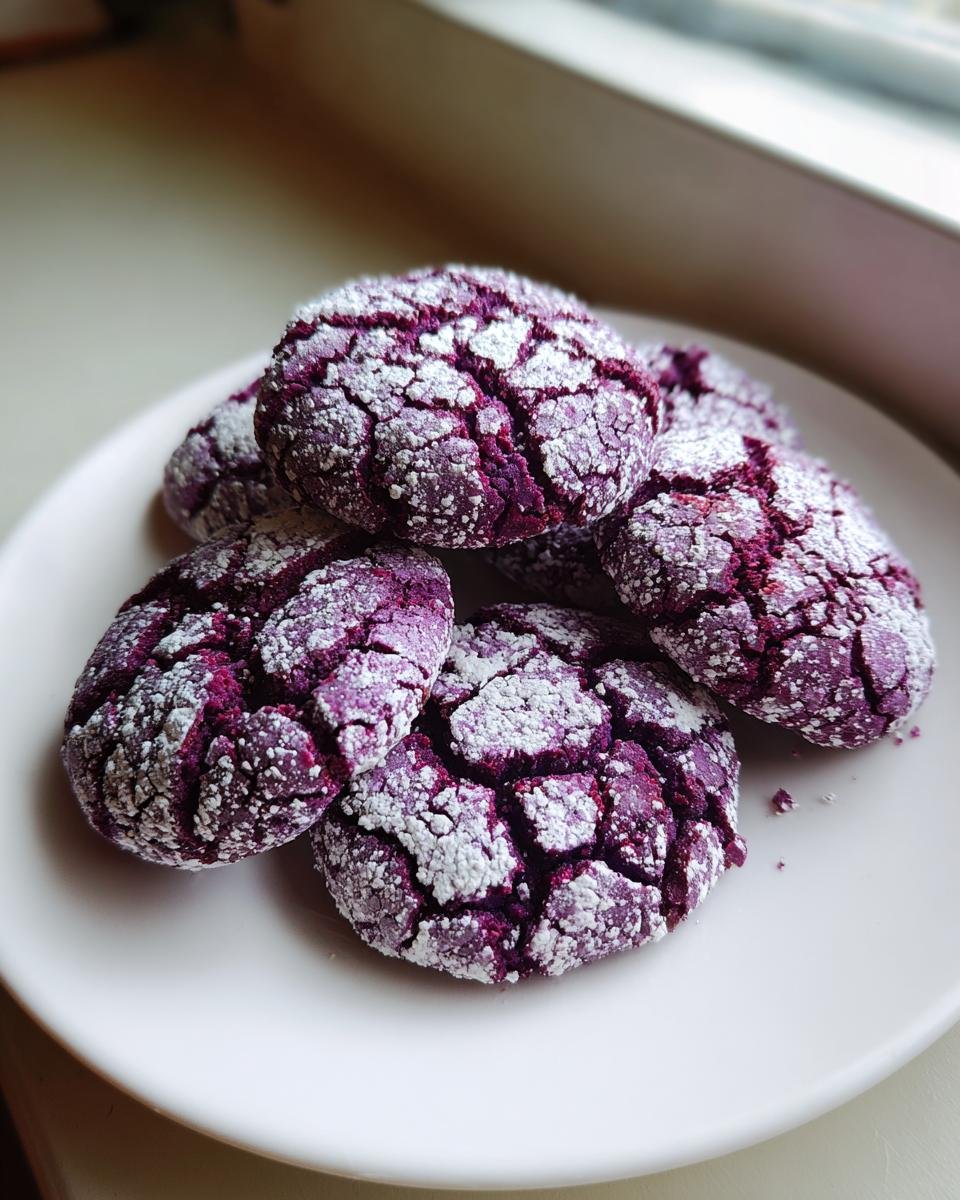 A stack of vibrant purple Irresistible Ube Crinkle Cookies heavily dusted with powdered sugar.