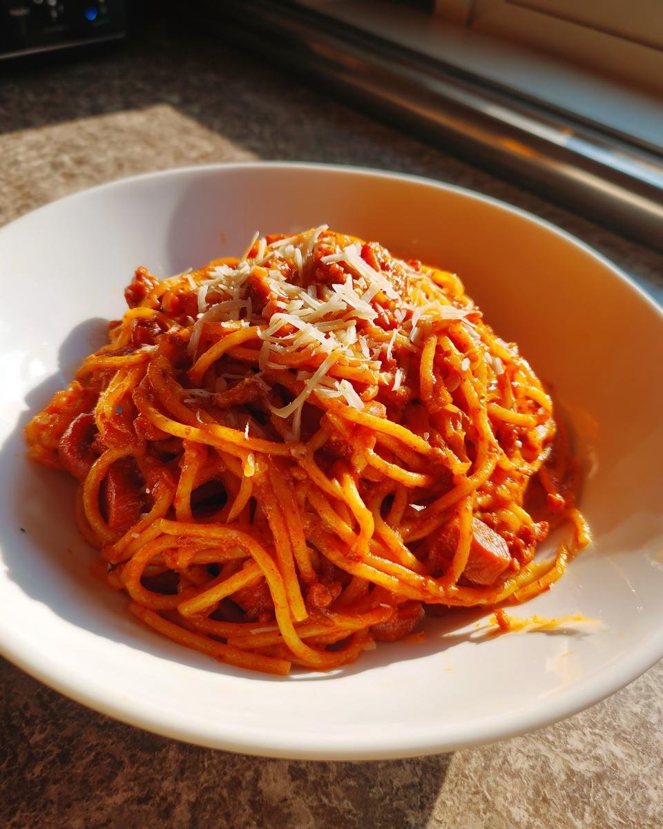 A close-up of a white bowl filled with Irresistible Vegan Filipino Spaghetti, topped with vegan cheese shreds.