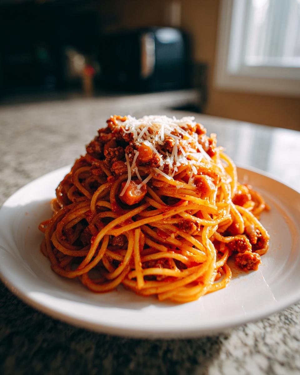 A mound of Irresistible Vegan Filipino Spaghetti coated in sweet red sauce, topped with vegan ground and shredded vegan cheese.