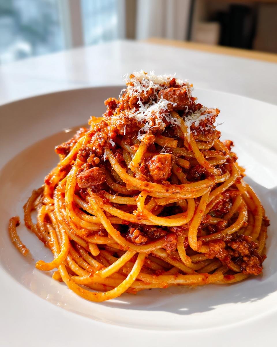 A close-up of a generous serving of Irresistible Vegan Filipino Spaghetti topped with vegan cheese.