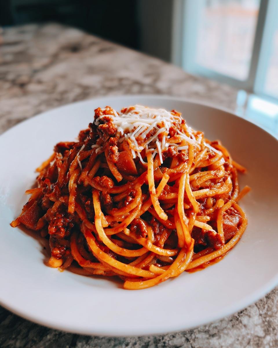 A close-up of a plate piled high with Irresistible Vegan Filipino Spaghetti, topped with vegan shredded cheese.