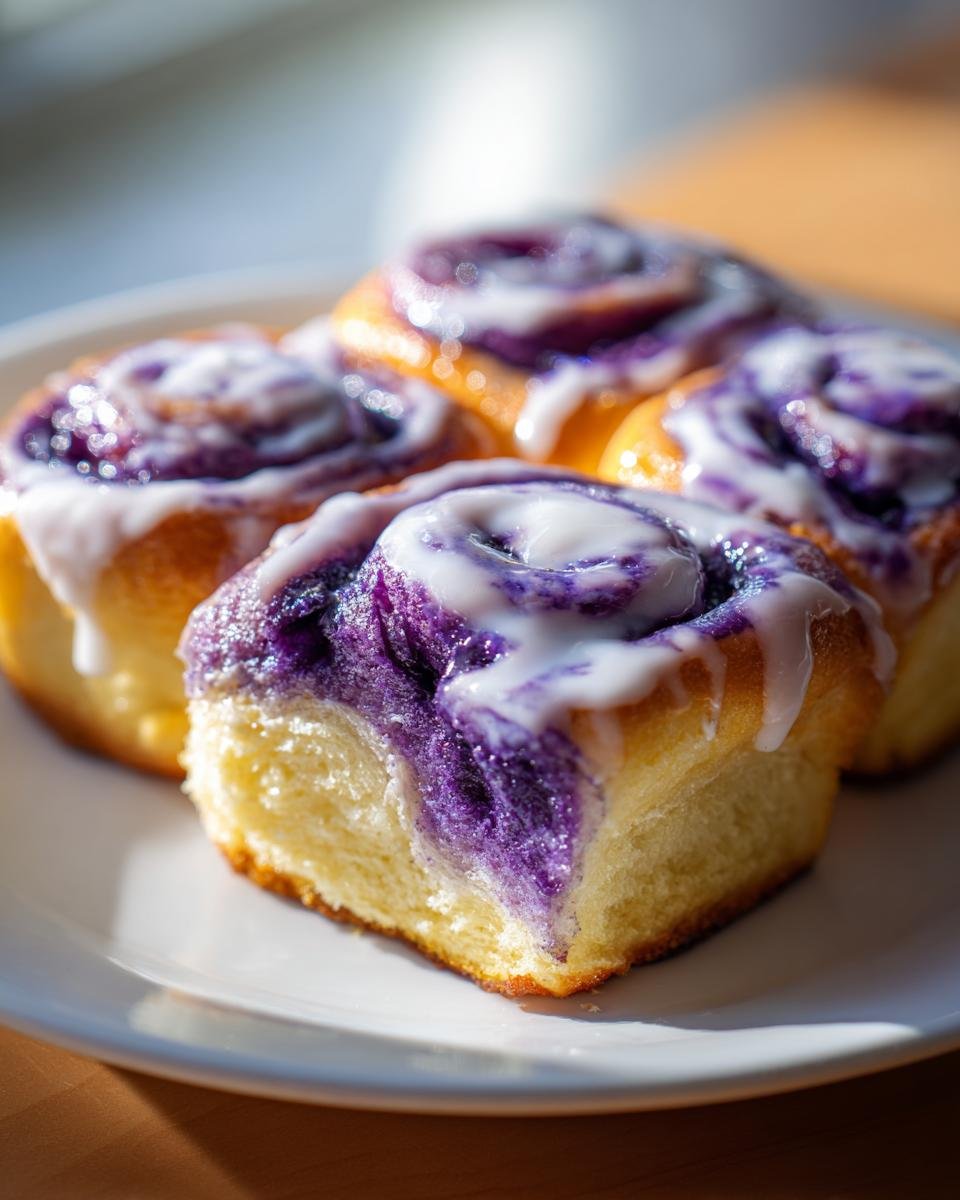 Close-up of soft, fluffy Irresistible Vegan Ube Rolls drizzled with white icing on a white plate.