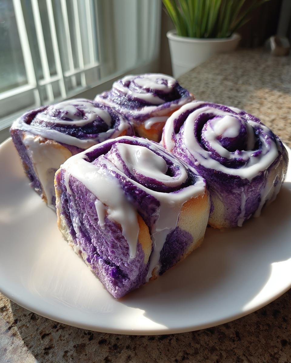 Four soft Irresistible Vegan Ube Rolls covered in thick white glaze, sitting on a white plate.