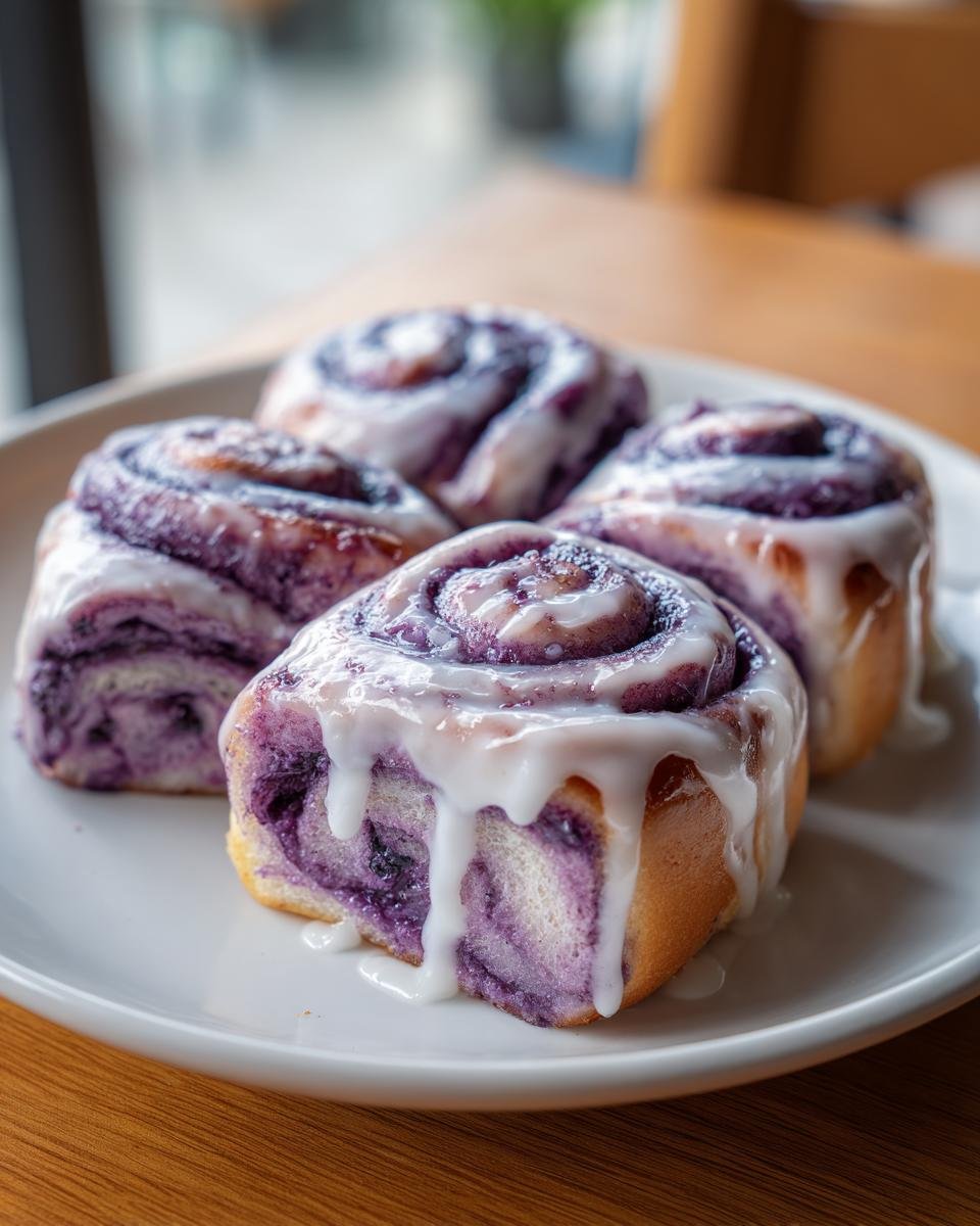 Four soft Irresistible Vegan Ube Rolls covered in thick white glaze, resting on a white plate.