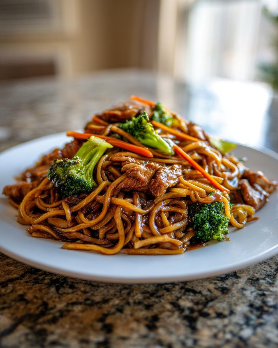 A close-up of Irresistible Veggie Chicken Lo Mein featuring noodles, chicken pieces, bright green broccoli, and shredded carrots.