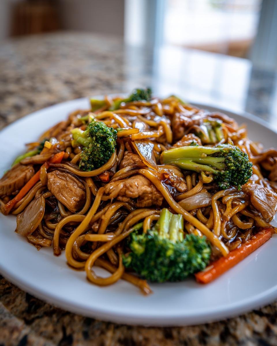 A close-up of a plate piled high with Irresistible Veggie Chicken Lo Mein, featuring noodles, chicken, broccoli, and carrots.