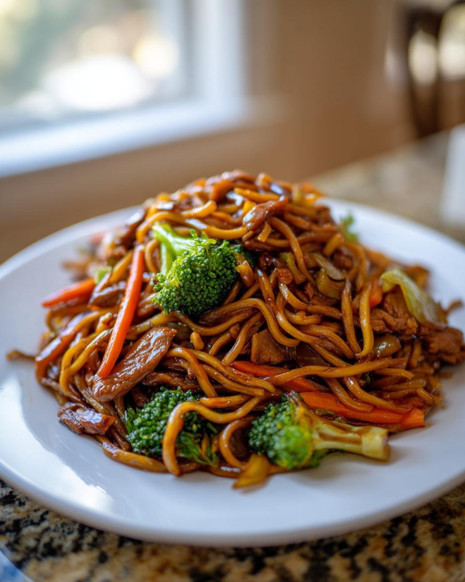 Close-up of a generous serving of Irresistible Veggie Chicken Lo Mein with noodles, broccoli, and carrots on a white plate.