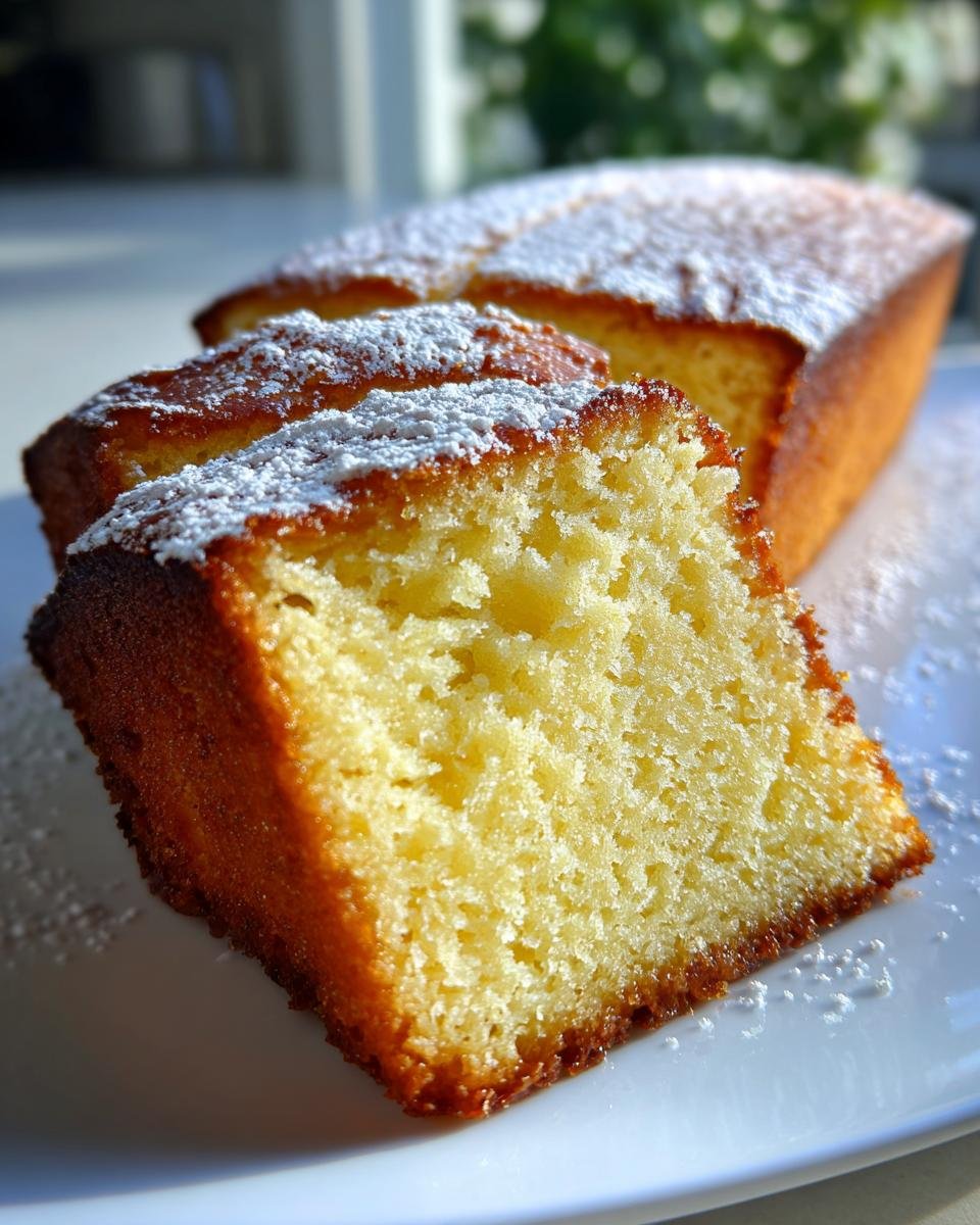 Close-up of a moist slice of Irresistible Yogurt Cake dusted with powdered sugar.