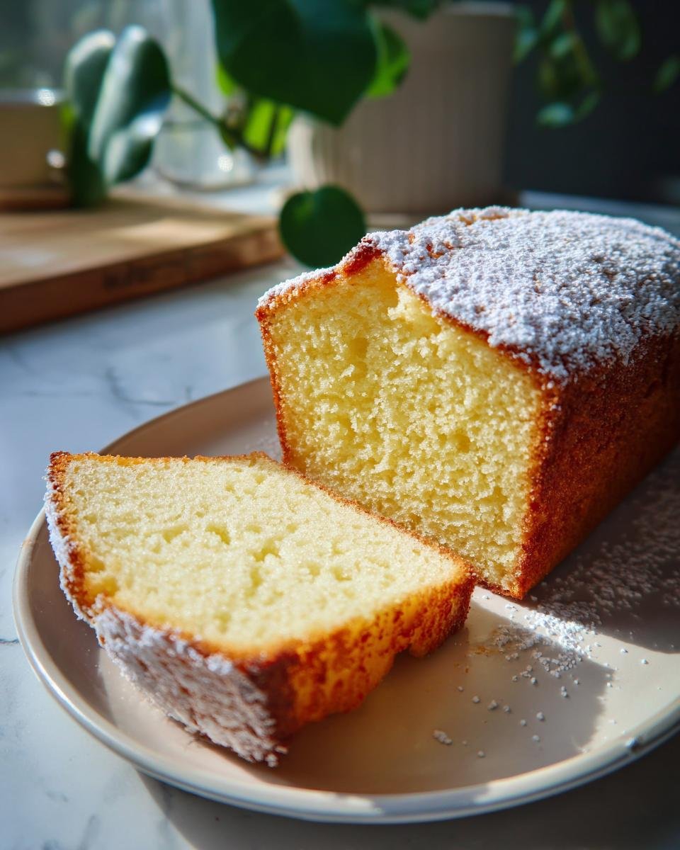 Close-up of a slice cut from an Irresistible Yogurt Cake, dusted with powdered sugar.