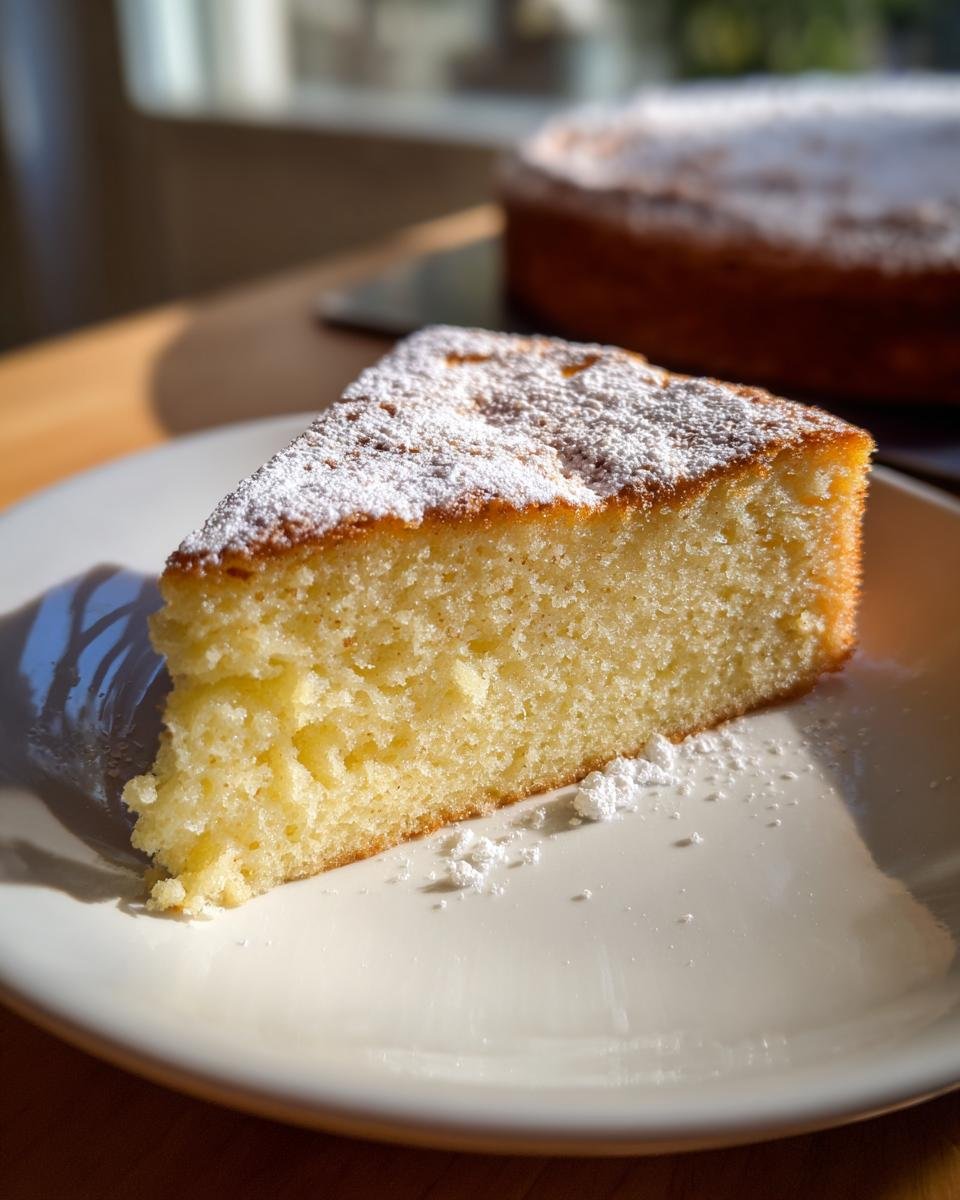 A close-up slice of Irresistible Yogurt Cake, lightly dusted with powdered sugar, sitting on a white plate.