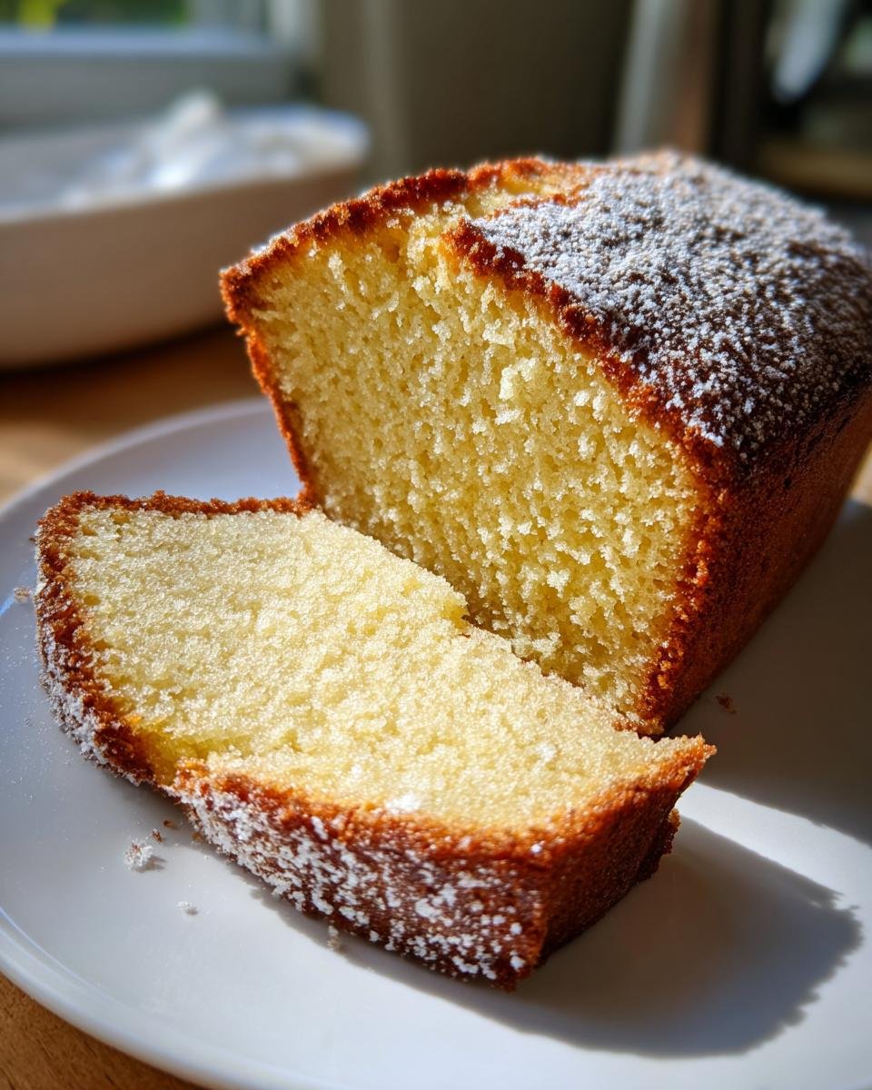A close-up of a slice cut from an Irresistible Yogurt Cake, dusted with powdered sugar, showing its moist crumb.