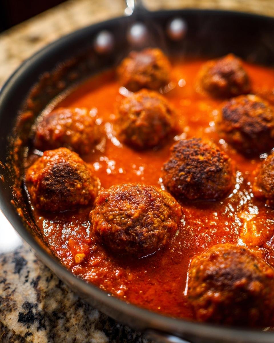 Close-up of browned Italian meatballs simmering in rich homemade marinara sauce in a dark skillet.