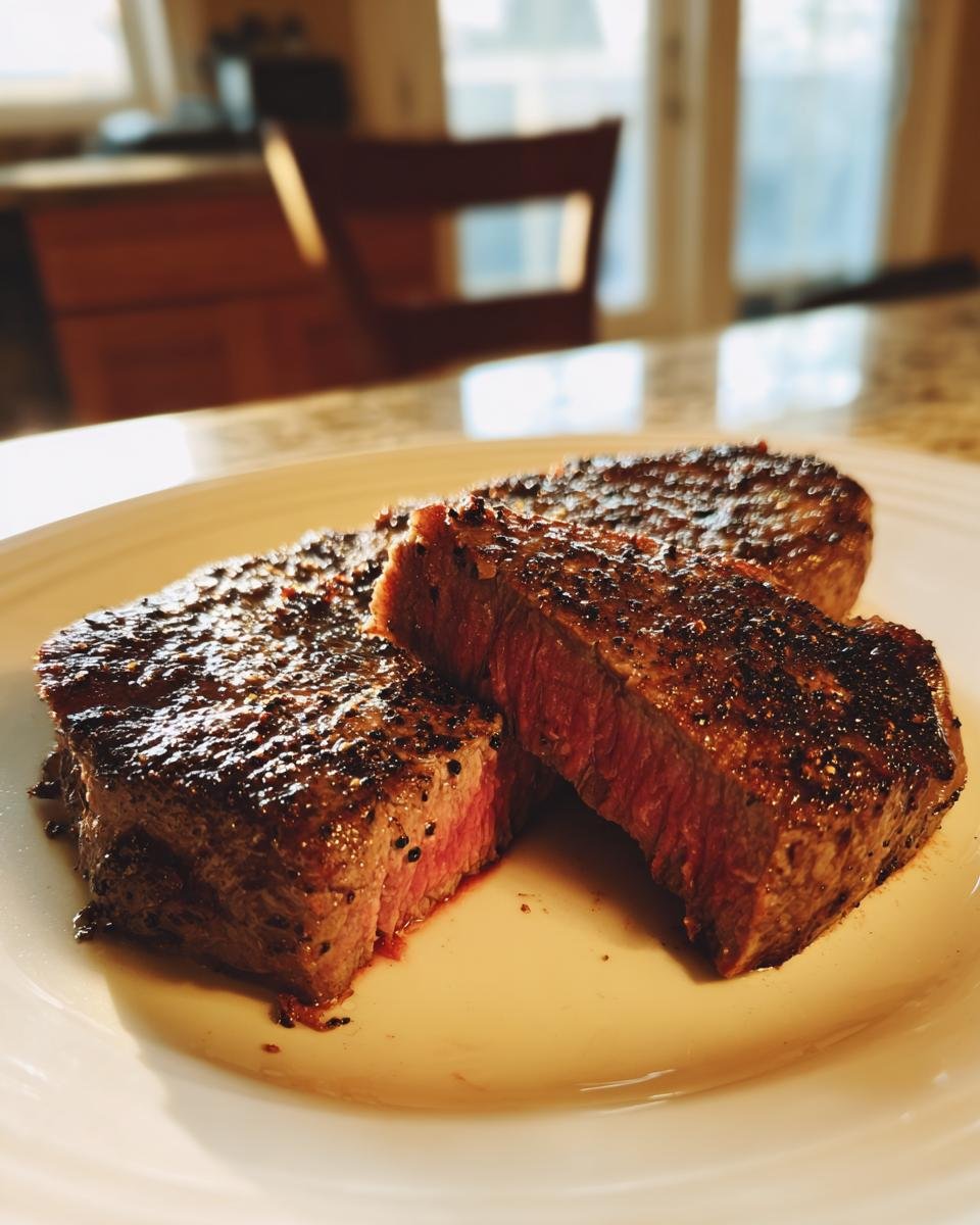 Close-up of three pieces of perfectly cooked, juicy Marinated Mouth Watering Steak Recipe, showing a medium-rare center.