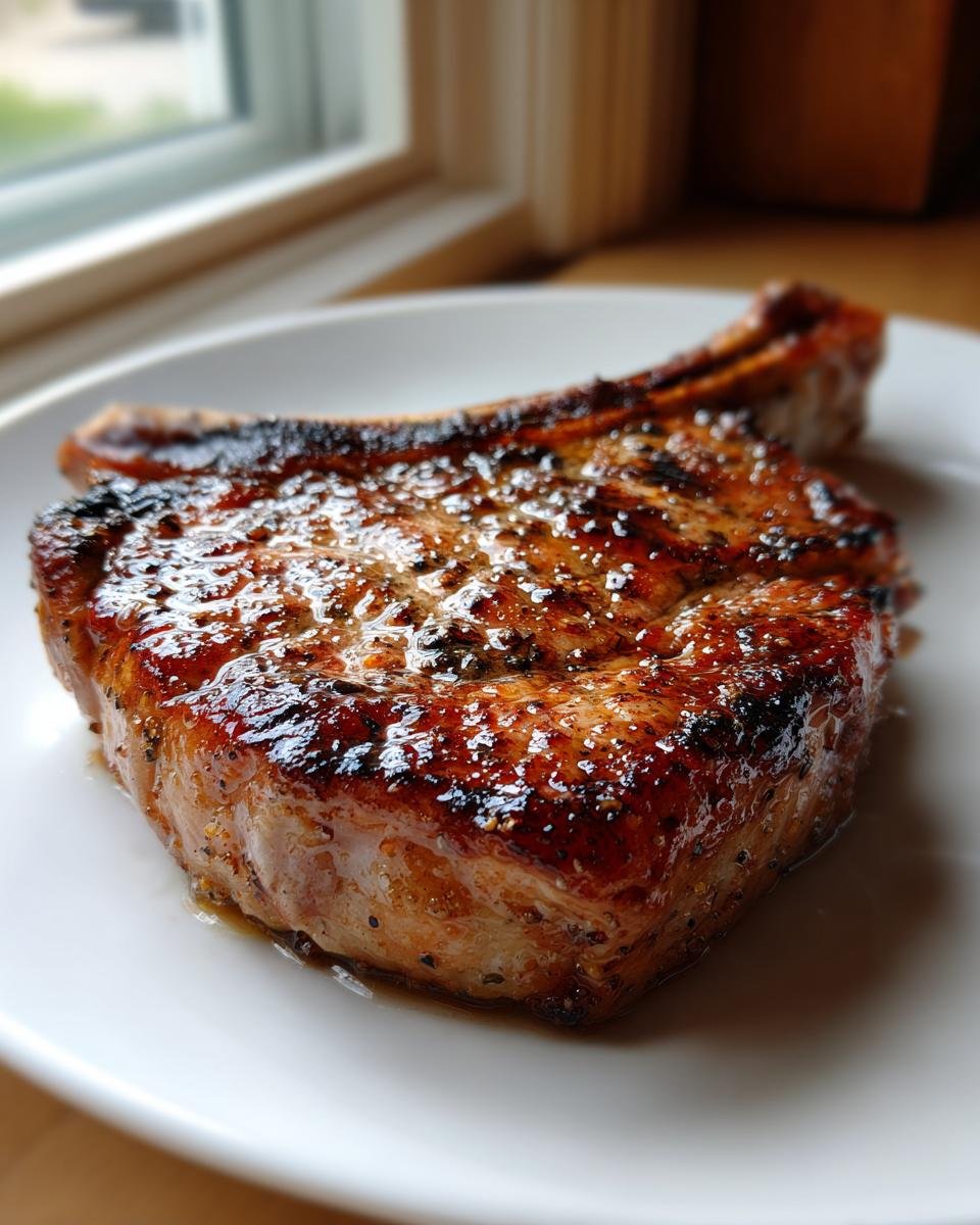 Close-up of a perfectly seared, juicy pork chop seasoned with pepper, ready after using the Ultimate Pork Chop Marinade.