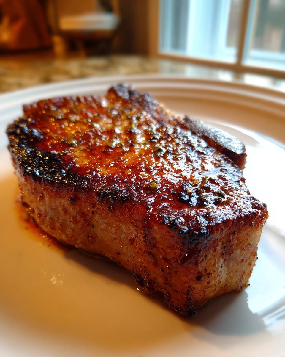 Close-up of a thick, juicy pork chop coated in a dark, glistening glaze from the Ultimate Pork Chop Marinade.