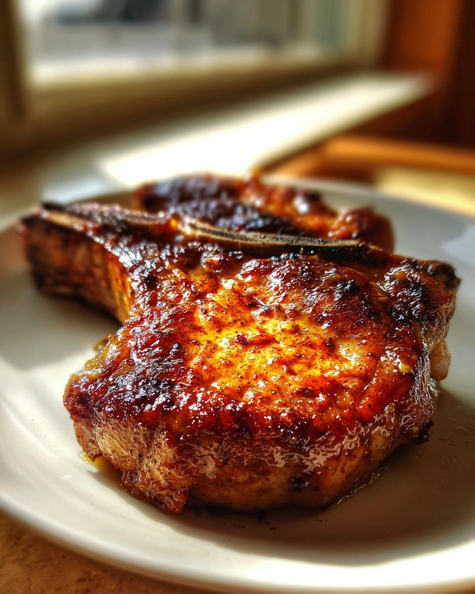 Close-up of a perfectly seared, juicy pork chop showing a rich, caramelized glaze from the Ultimate Pork Chop Marinade.
