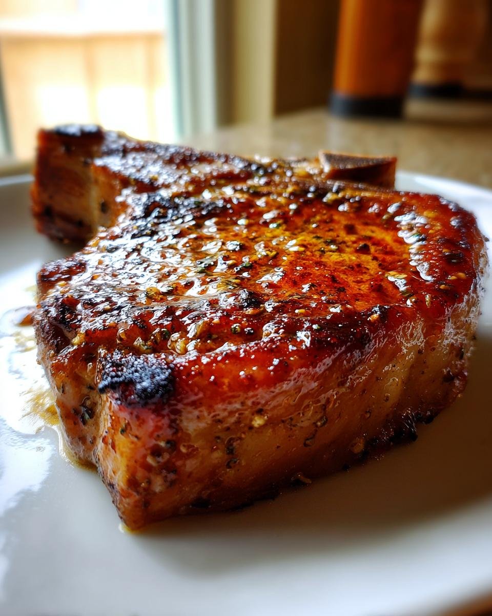 Close-up of a thick, juicy pork chop coated in a shiny, savory glaze from the Ultimate Pork Chop Marinade.