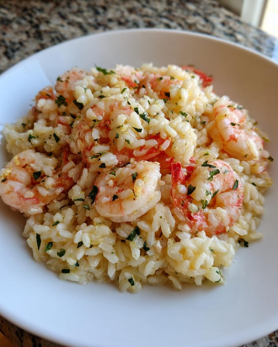 A close-up of creamy Irresistible Lemon Garlic Shrimp Risotto topped with pink shrimp and fresh parsley.