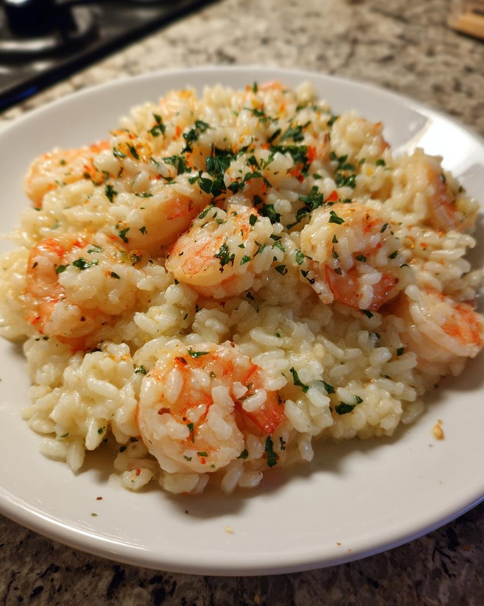 A close-up of creamy Irresistible Lemon Garlic Shrimp Risotto topped with fresh parsley.