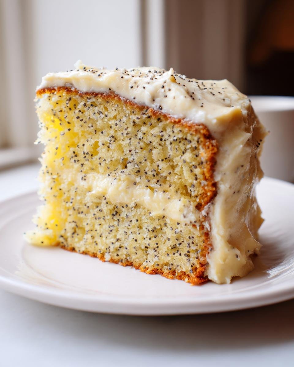 Close-up of a moist slice of Irresistible Lemon Poppy Seed Cake With Cream Cheese Frosting, showing poppy seeds throughout.