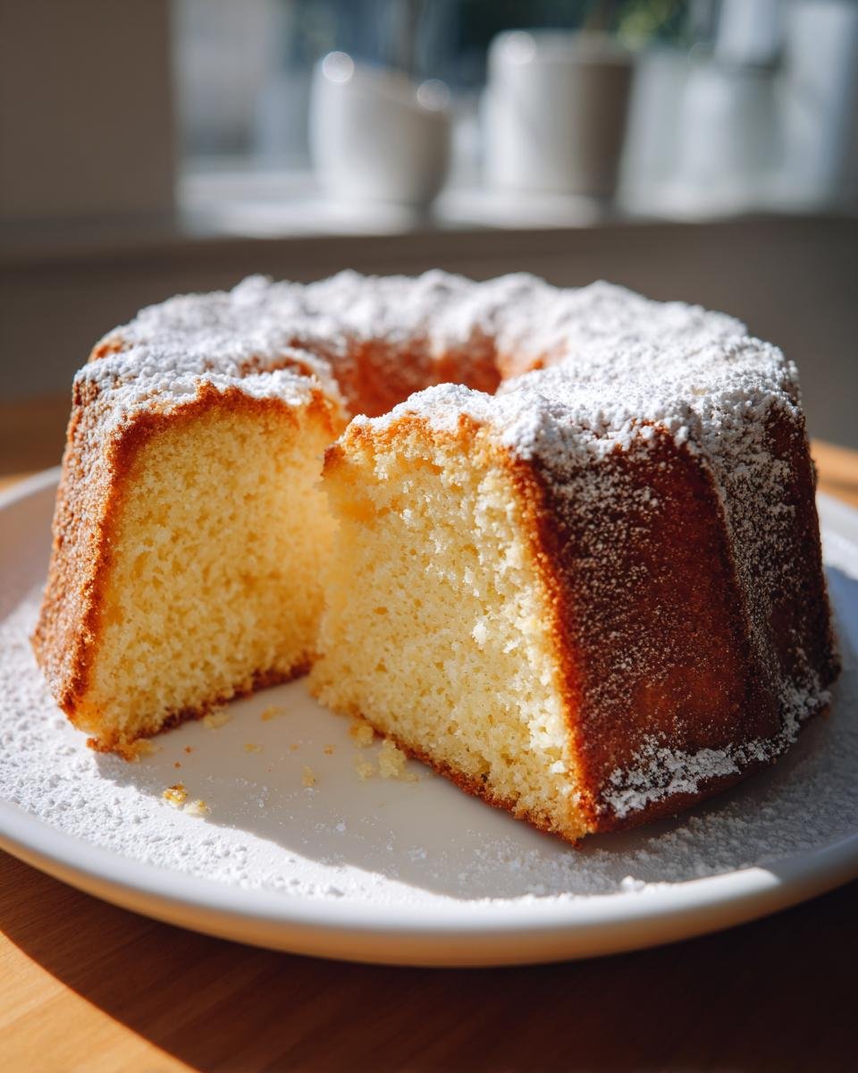 A slice cut from an Irresistible Lemon Ricotta Cake, dusted heavily with powdered sugar, sitting on a white plate.