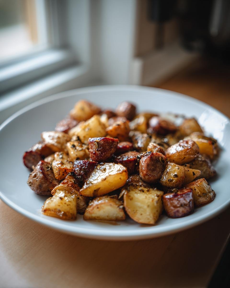 Close-up of Irresistible Maple Sage Sausage Potato Skillet served in a white bowl.