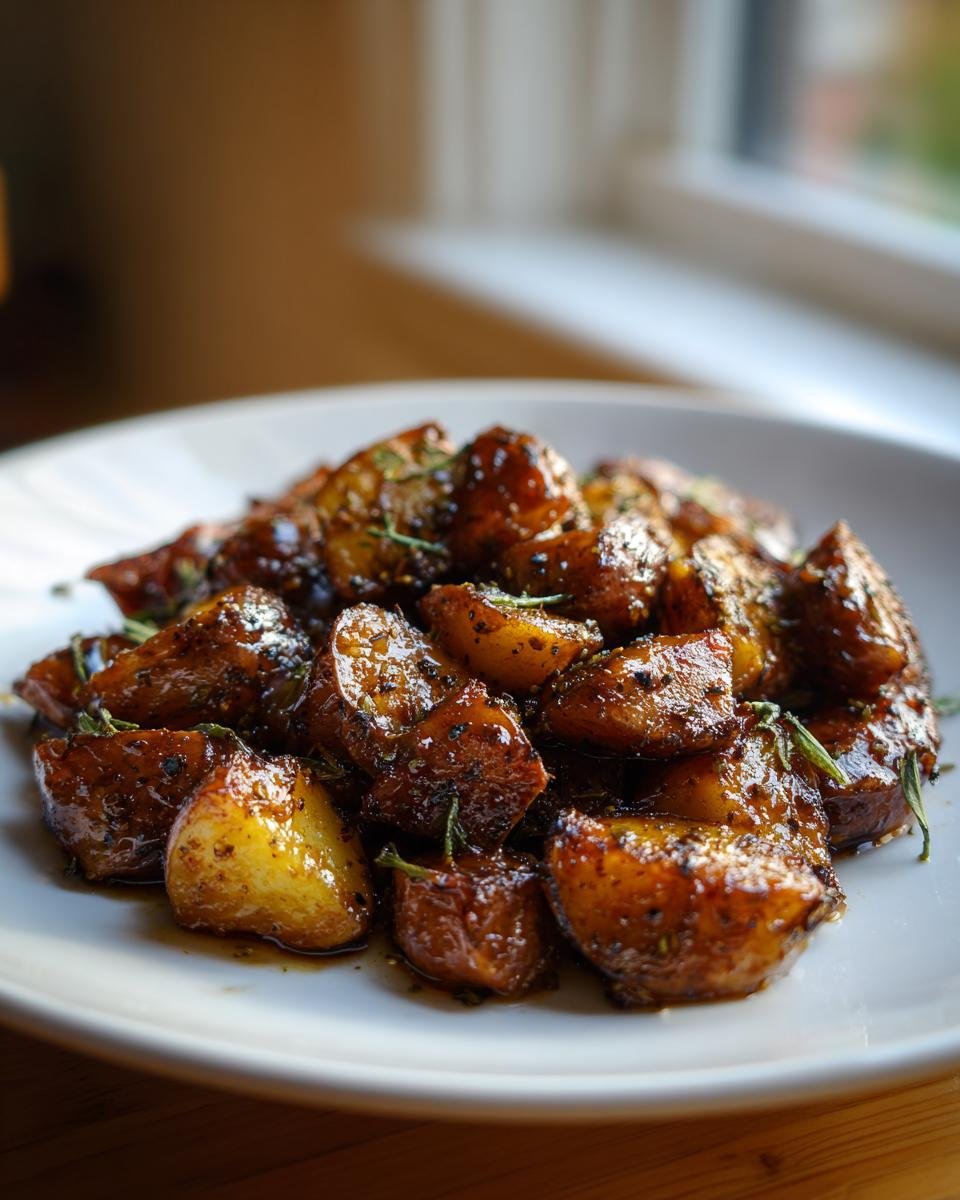 Close-up of glazed, roasted potatoes seasoned with herbs, part of the Irresistible Maple Sage Sausage Potato Skillet.