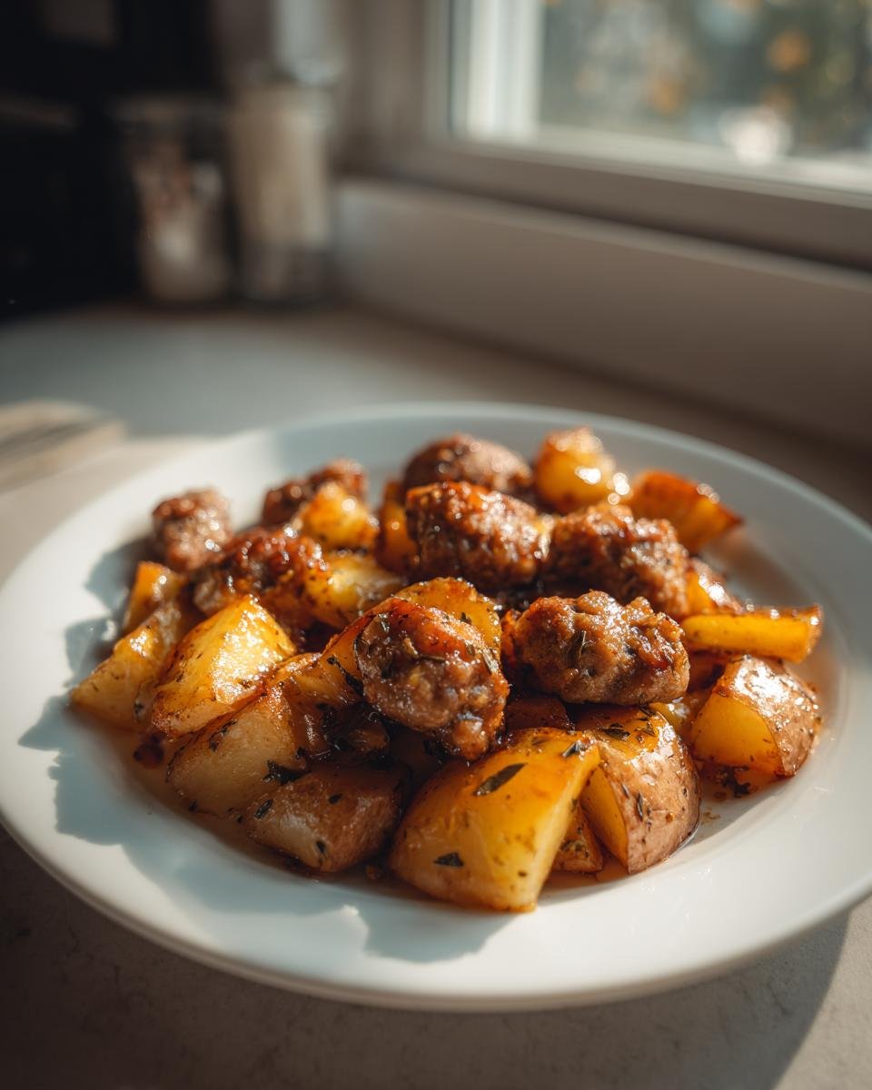 Close-up of a serving of Irresistible Maple Sage Sausage Potato Skillet on a white plate, glistening with sauce.