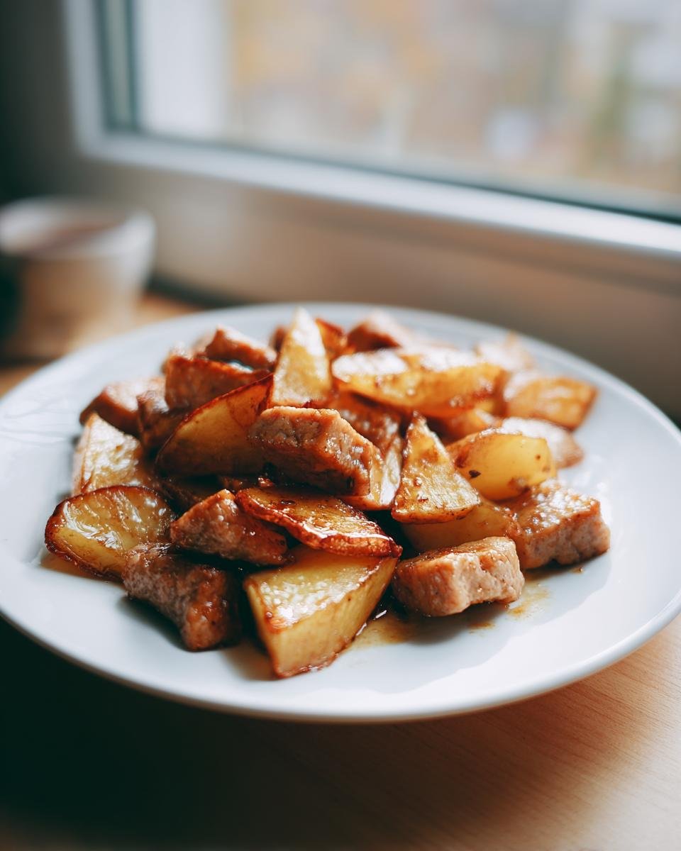 A close-up of the Irresistible Maple Sage Sausage Potato Skillet served on a white plate near a window.