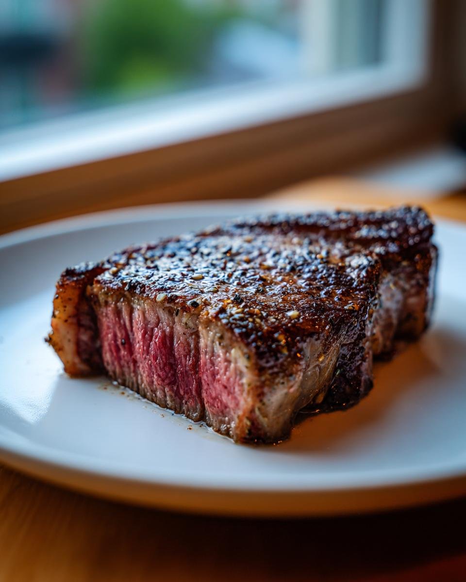 Close-up of a perfectly cooked, juicy Marinated Mouth Watering Steak, showing a medium-rare pink center and a seasoned crust.