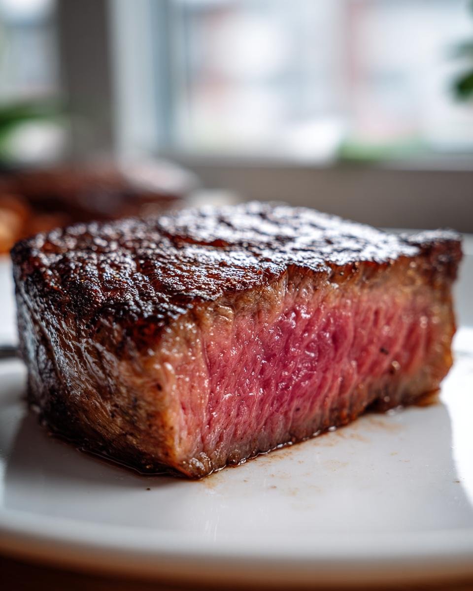 Close-up of a perfectly cooked, juicy medium-rare marinated steak showing a deep pink center and a dark sear.