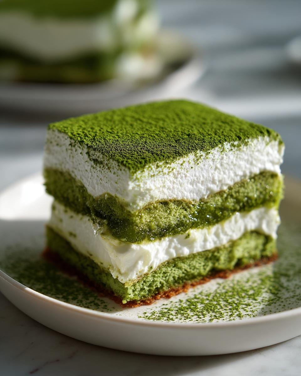 A beautiful square slice of Matcha Tiramisu layered with green cake and white cream, dusted heavily with matcha powder.