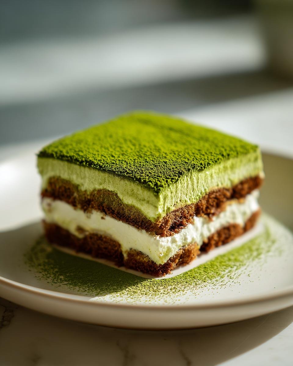 A square slice of layered Matcha Tiramisu, dusted heavily with bright green matcha powder.