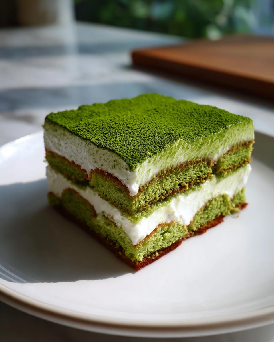 A perfect square slice of Matcha Tiramisu featuring green cake layers and white cream, dusted with matcha powder.