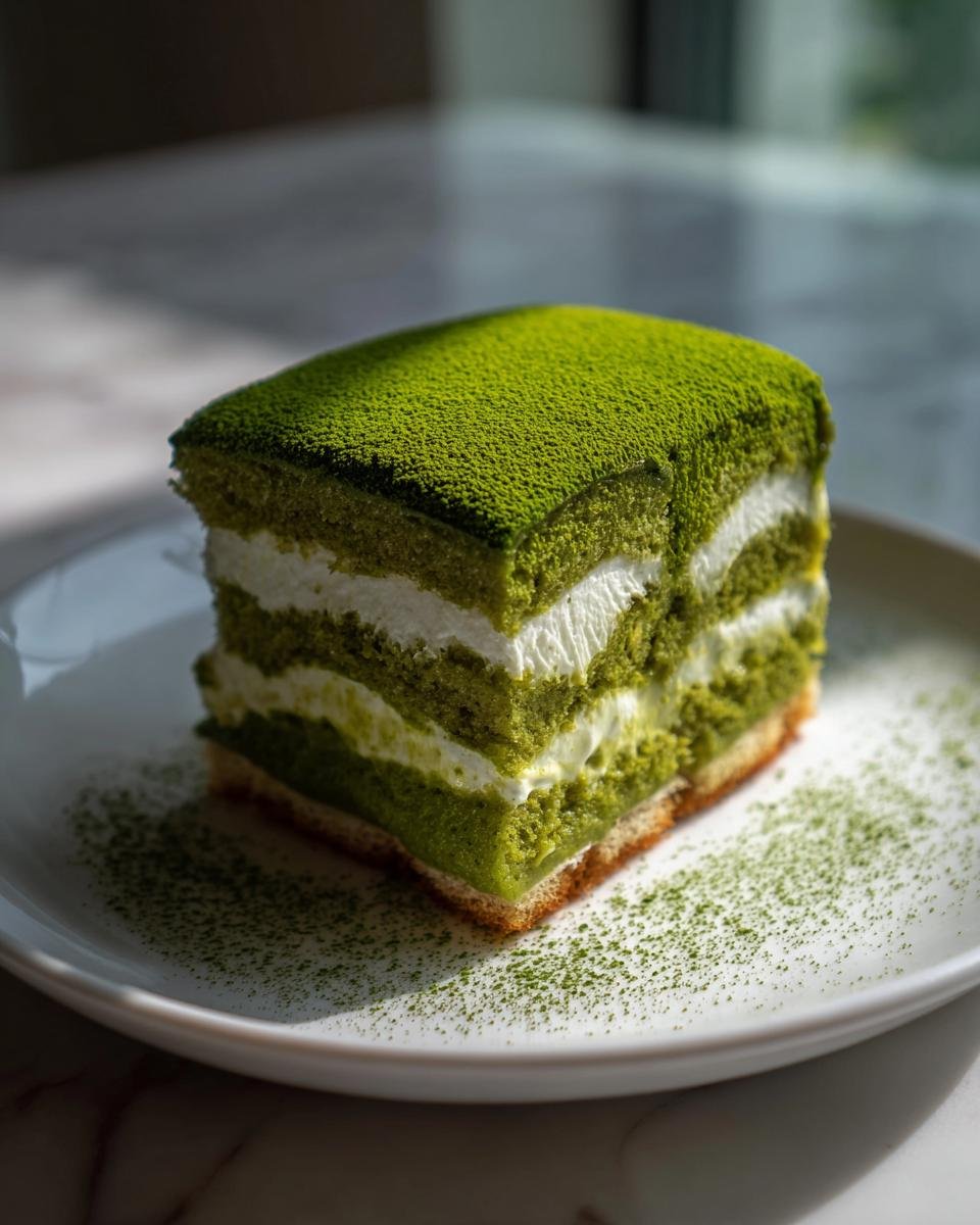 A perfect slice of layered Matcha Tiramisu, dusted heavily with bright green matcha powder.